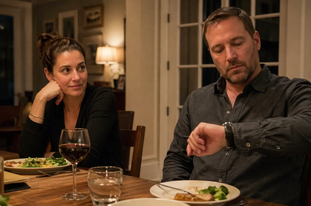 Couple at dinner table, man checking his watch