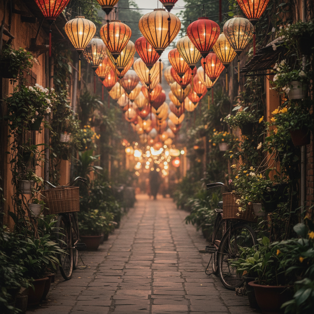 A lantern-lit Vietnamese alley at dusk