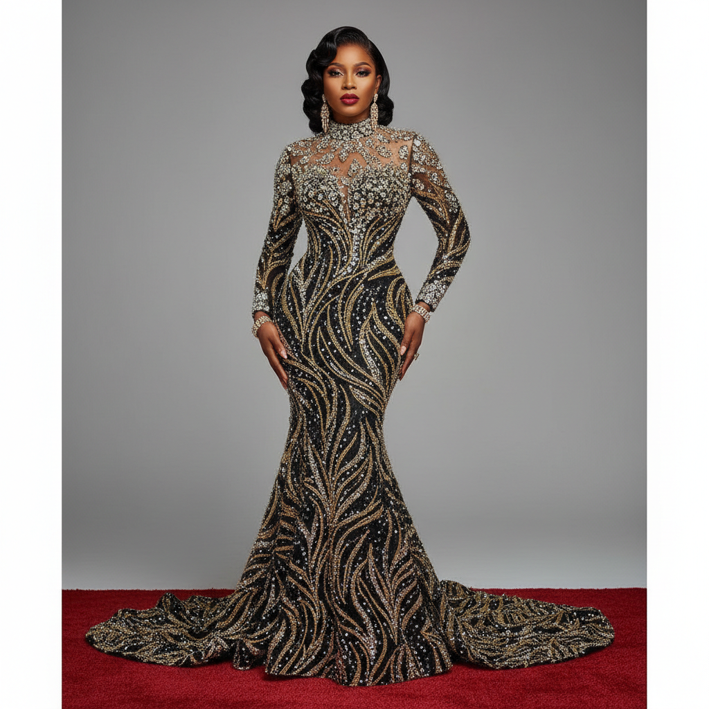 Crystal-Beaded Evening Gown