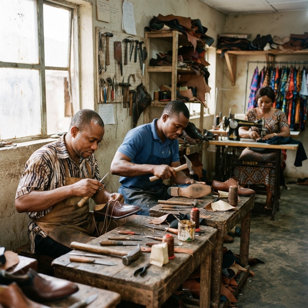 Aba artisans crafting leather shoes and garments in a workshop