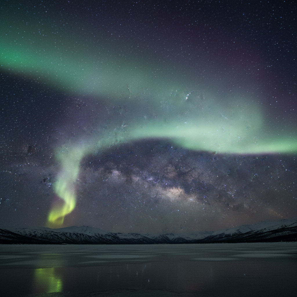 Soft multicolored aurora borealis over the Milky Way