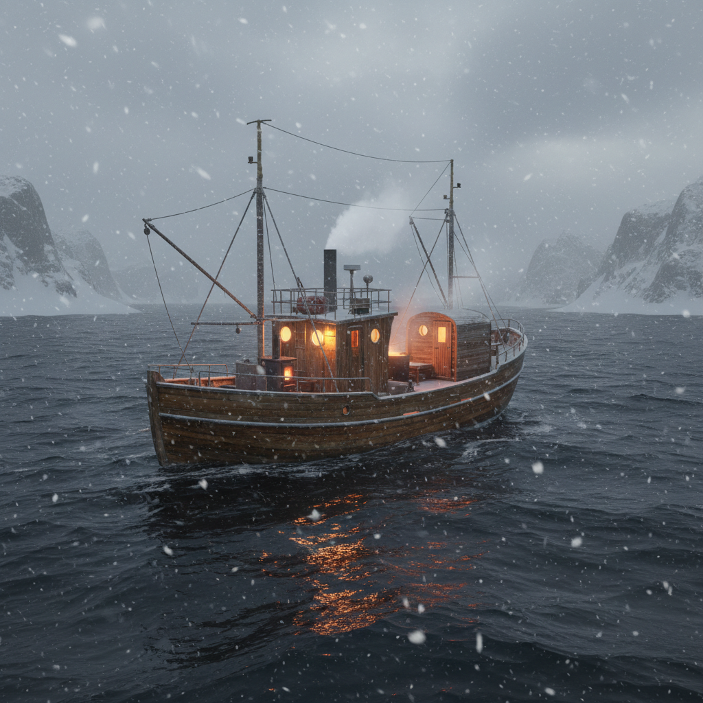 A warm wooden boat at sea in a snowstorm, with fire in a wood-burning stove and steam rising from a sauna on deck