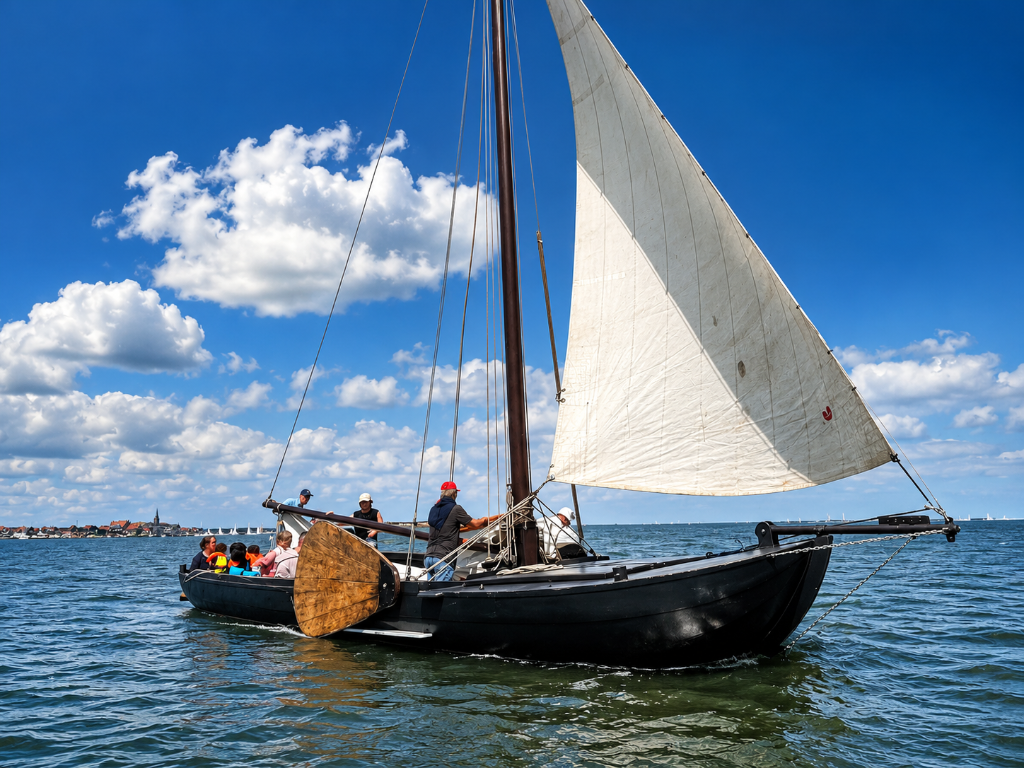 Historische platbodem zeilt over de Gouwzee