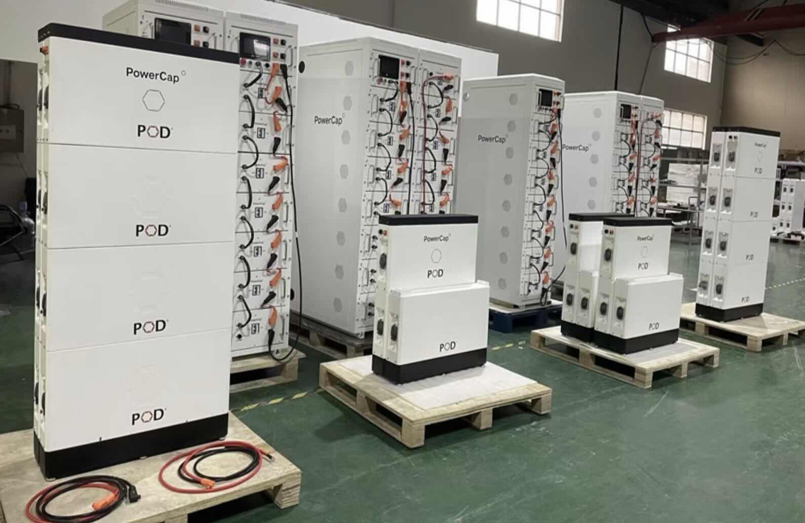 PowerCap POD sodium-ion energy storage units in a warehouse