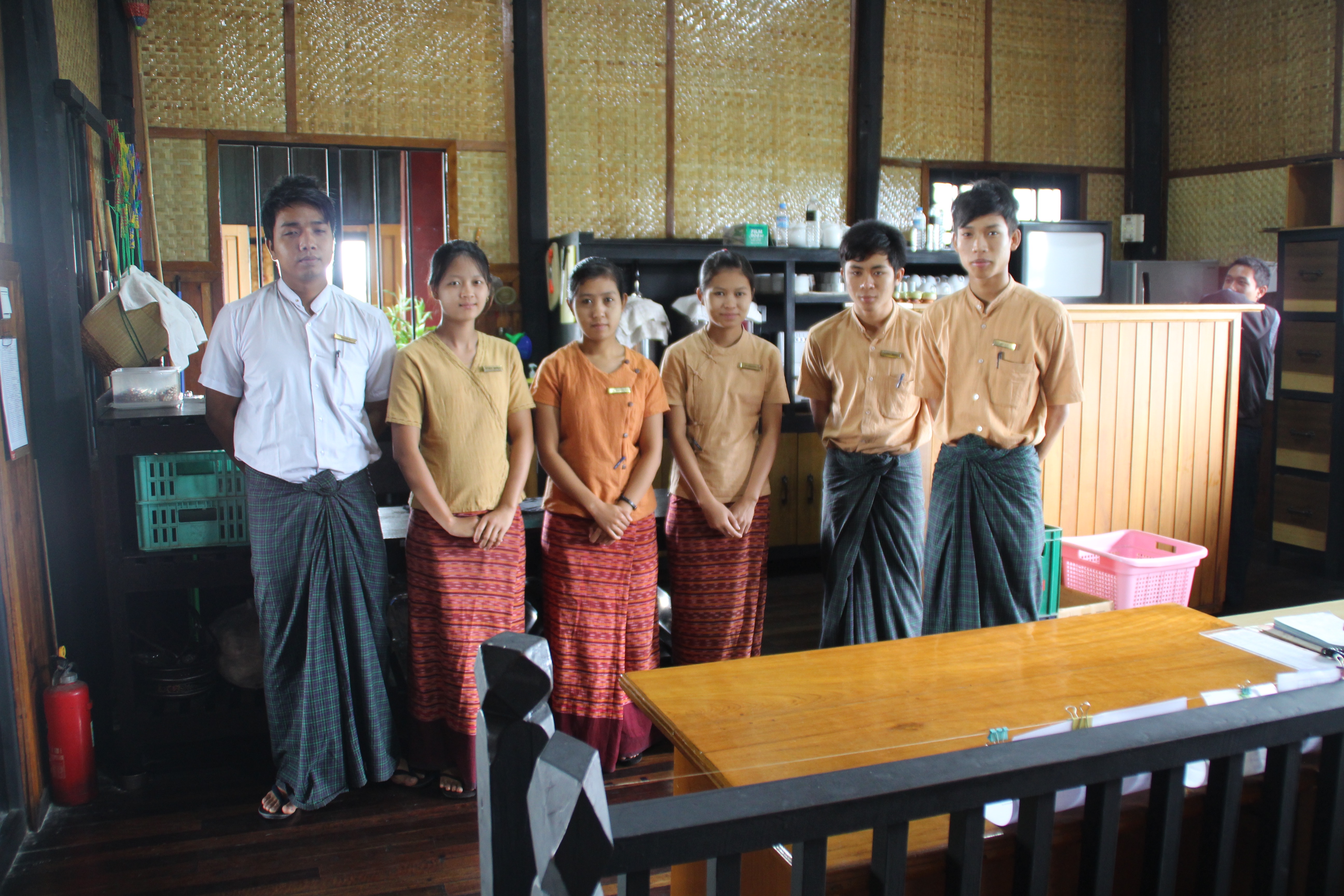 Hospitality trainees in a bamboo-walled training room, Myanmar