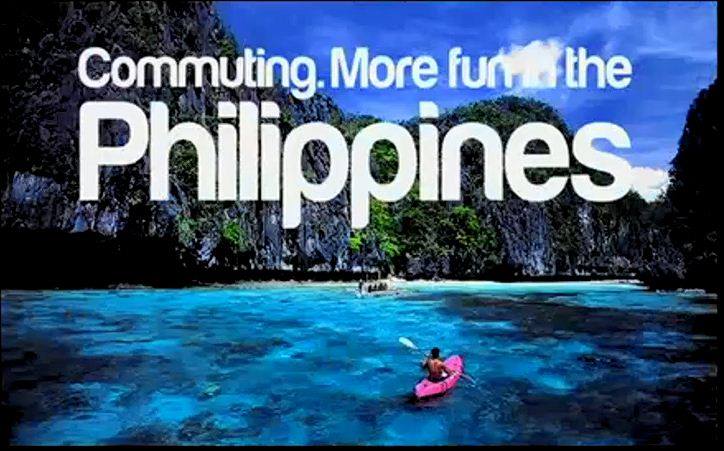 Promotional graphic: Commuting, more fun in the Philippines — kayak in turquoise tropical water
