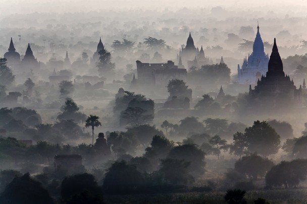 Ancient temples of Bagan, Myanmar shrouded in early morning mist
