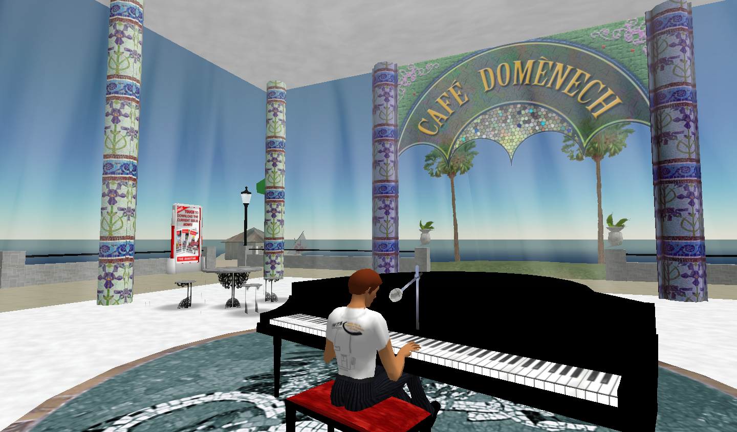 Paul Penfold's avatar playing a grand piano at Café Domènech in Second Life