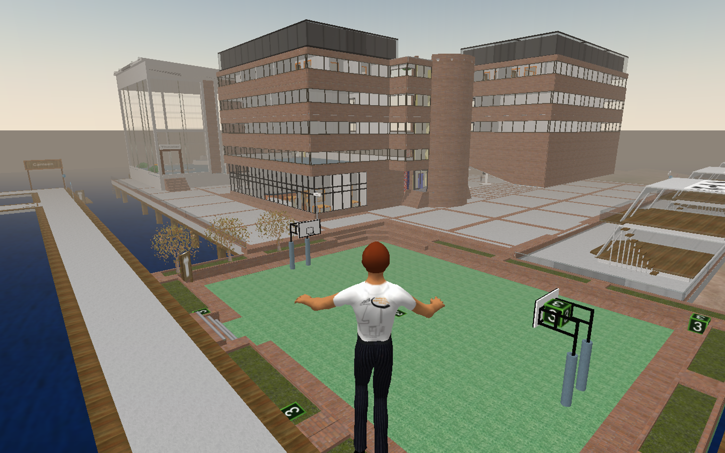 Paul Penfold's avatar on the PolyU virtual campus basketball court in Second Life, with the campus buildings and theater visible