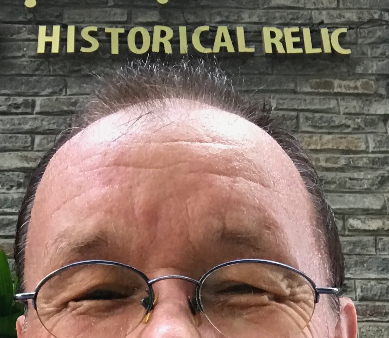 A sign reading 'Historical Relic' mounted on a stone wall