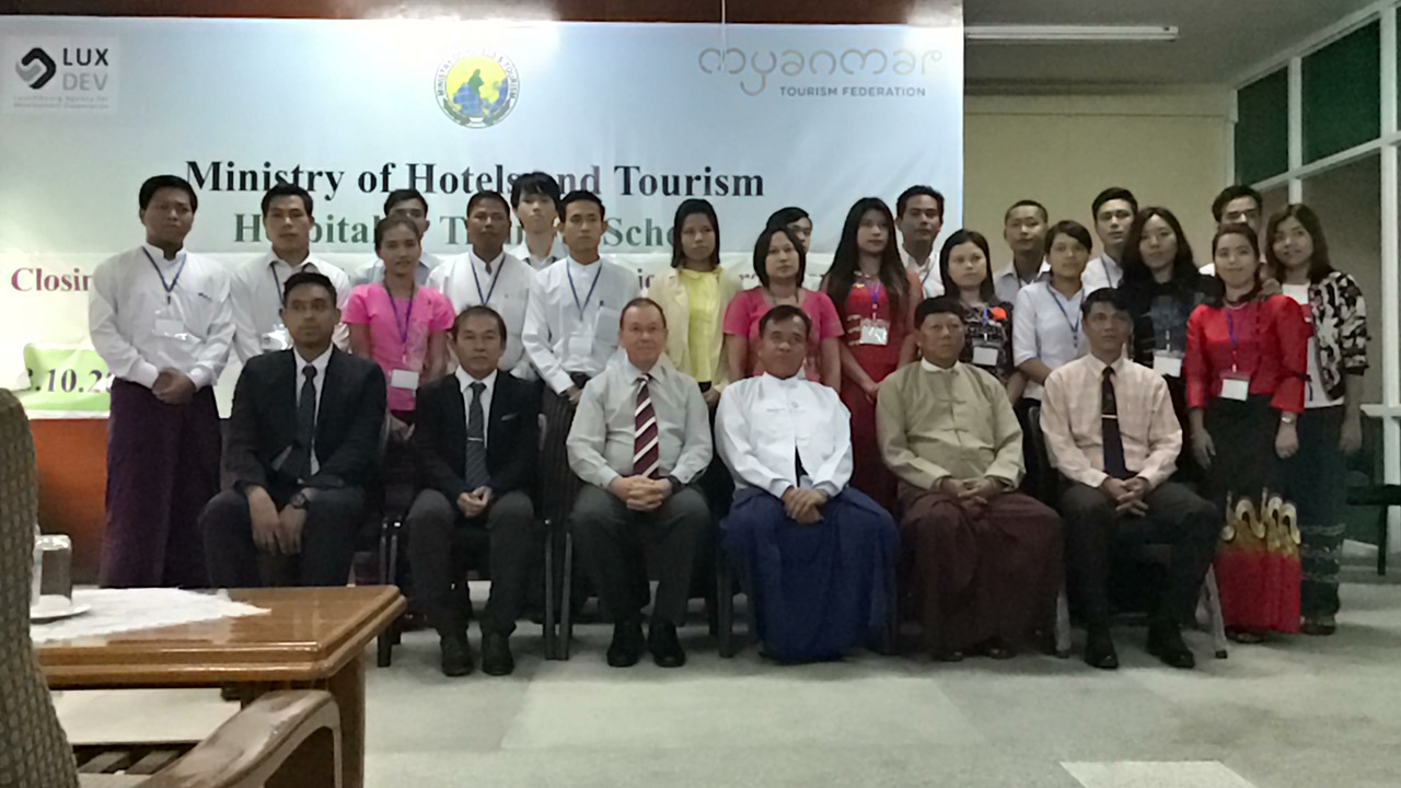 Closing ceremony group photo at the Ministry of Hotels and Tourism Hospitality Training School, Myanmar