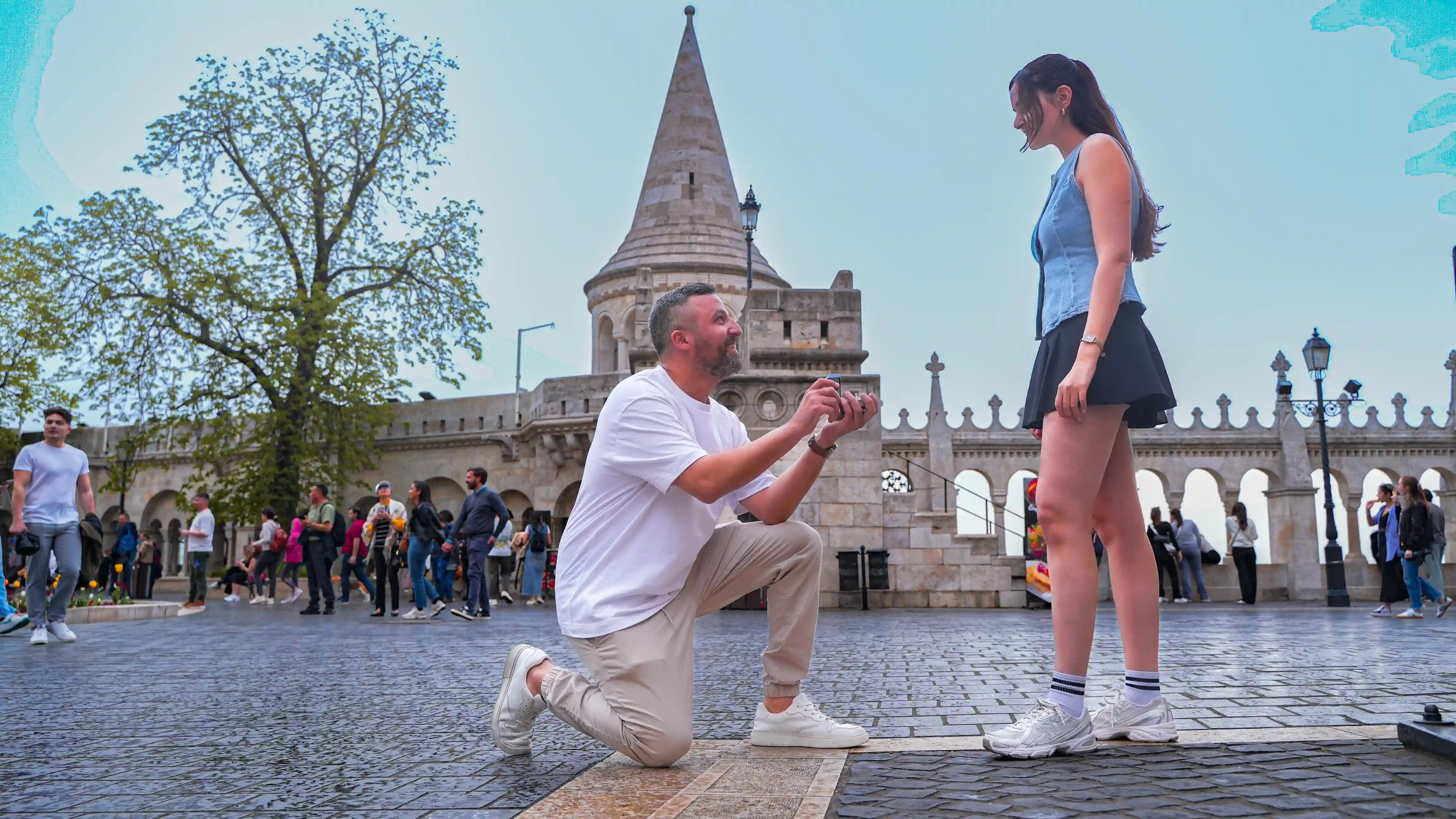 Proposal photographer Budapest — man on one knee at Fisherman's Bastion