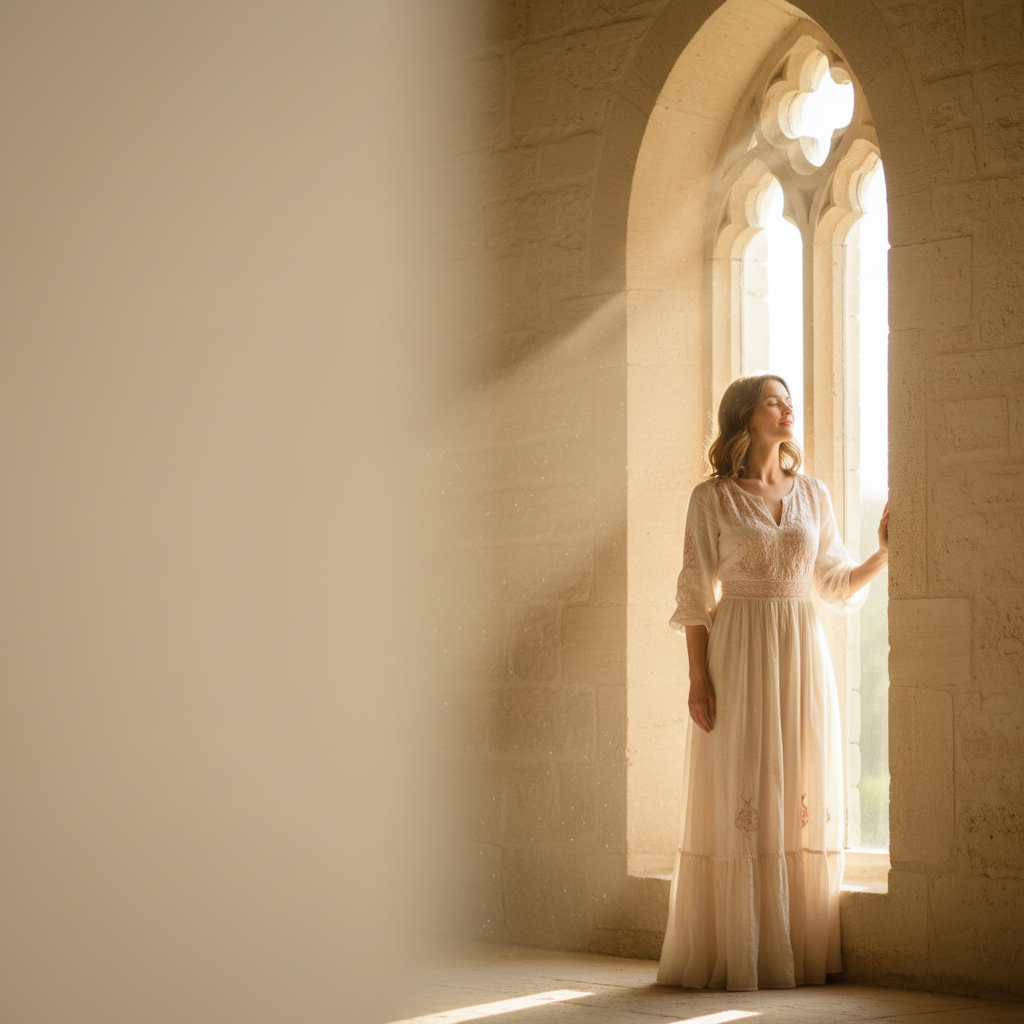 A woman standing in golden light near stone arches, embodying quiet strength and faith