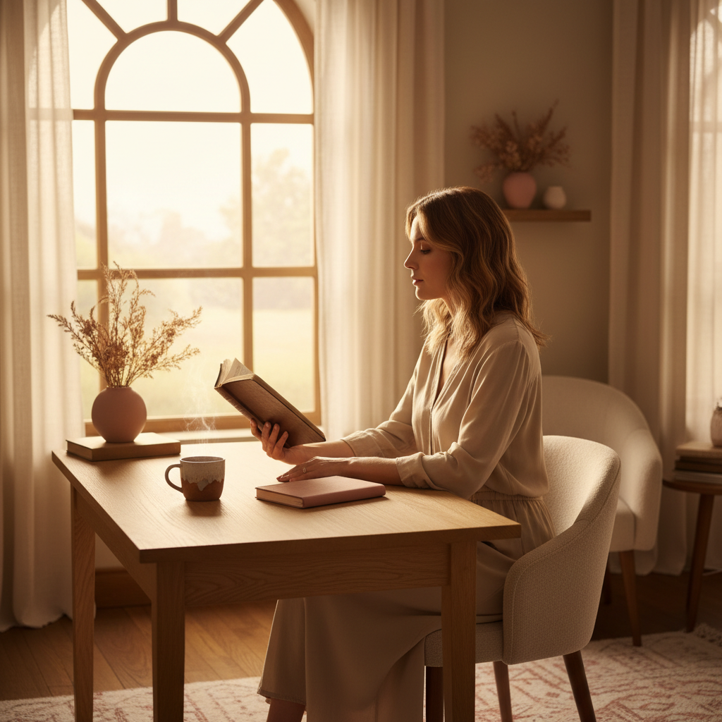 A woman at peace, eyes closed, bathed in warm natural light in a serene room