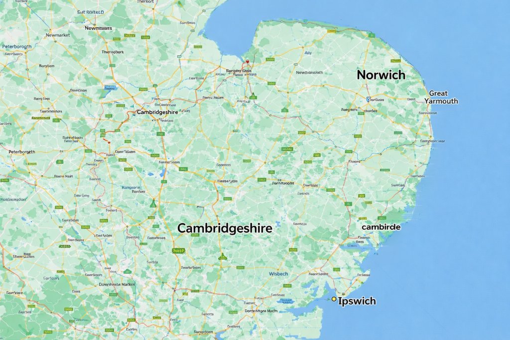 Map of East Anglia showing T&M Resin Surfacing coverage area across Norfolk, Cambridgeshire and Suffolk