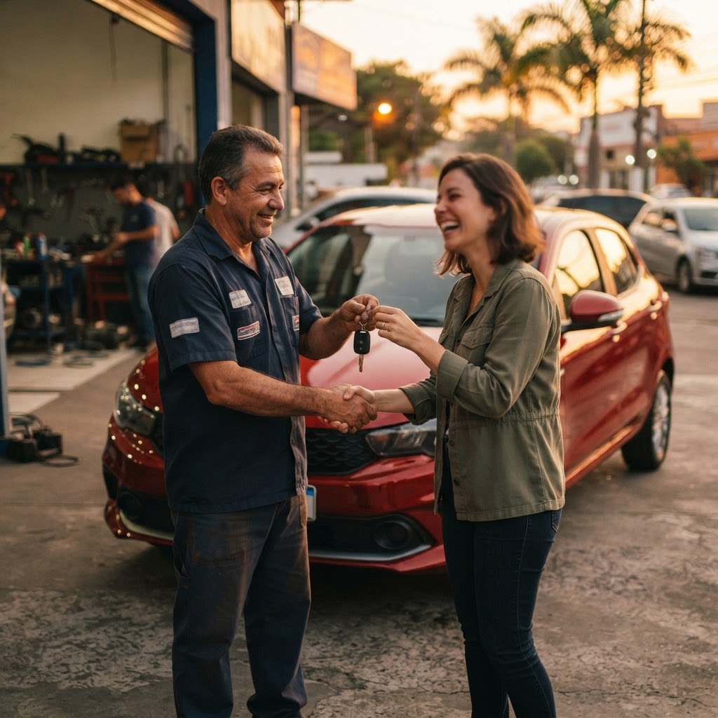 Cliente recebendo o carro reparado