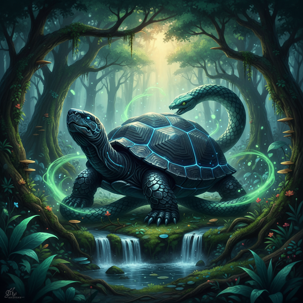 Black Tortoise玄武 – Located in box 3 (Wood), is producing the answer and the subject in box 9 (