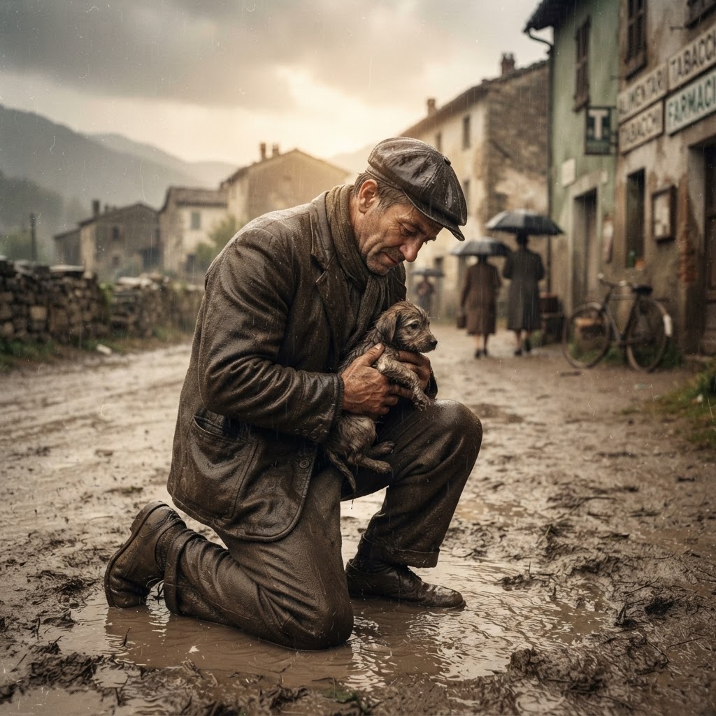 A kind factory worker kneeling in the rain, cradling a small injured puppy against his chest
