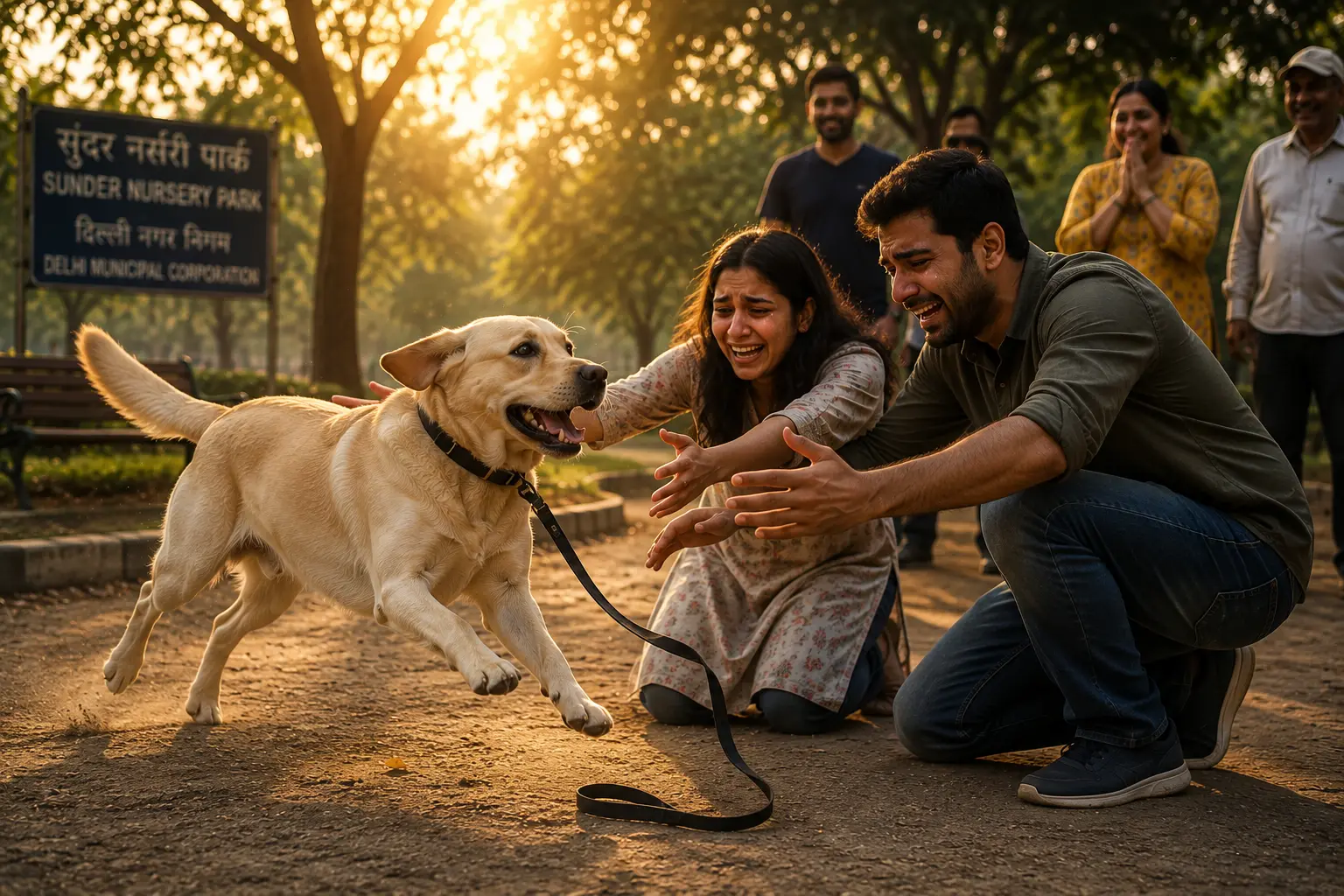 A Labrador running joyfully towards a family during an emotional reunion
