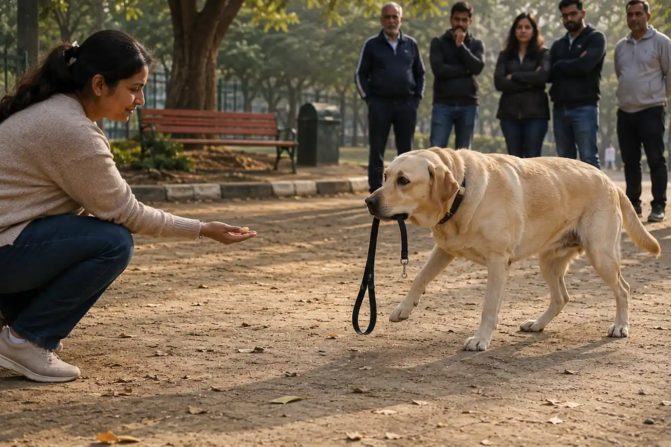 People carefully approaching a Labrador who holds his leash while keeping a cautious distance
