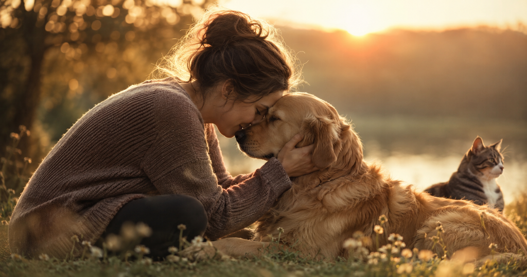 A woman touching foreheads with her golden retriever by a lake at sunset, a cat resting peacefully nearby