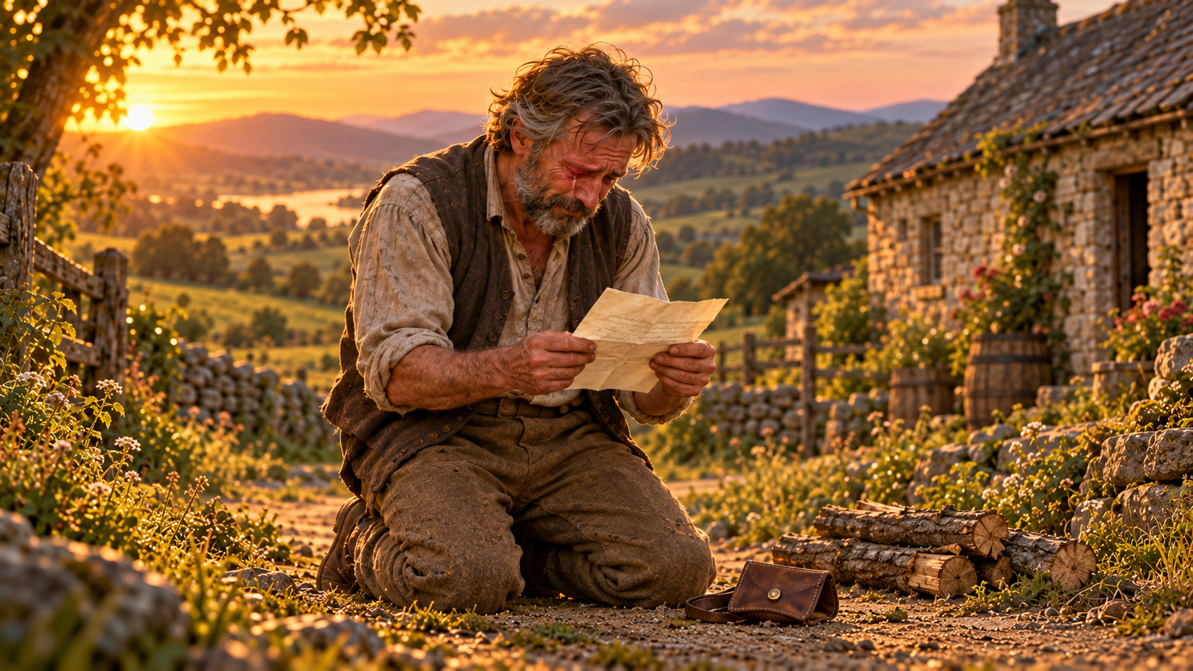 A grief-stricken farmer kneels at sunset reading a letter beside an empty collar pouch