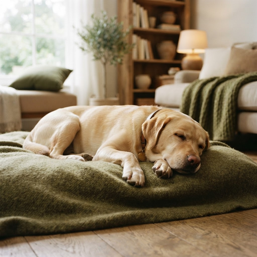 A calm, relaxed Labrador resting peacefully in a cozy warm-toned room