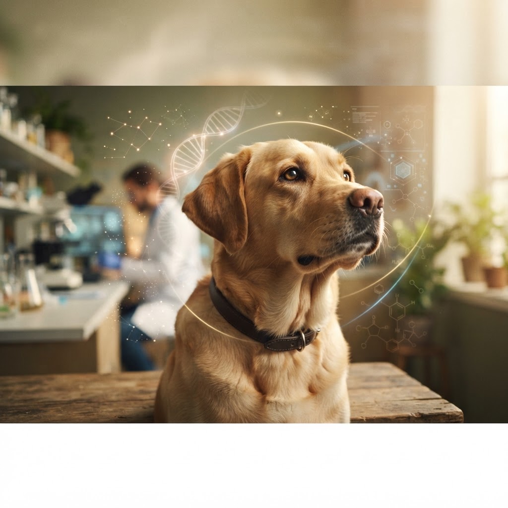 A healthy dog with a glowing DNA helix and science motif behind it, illustrating 2026 canine research