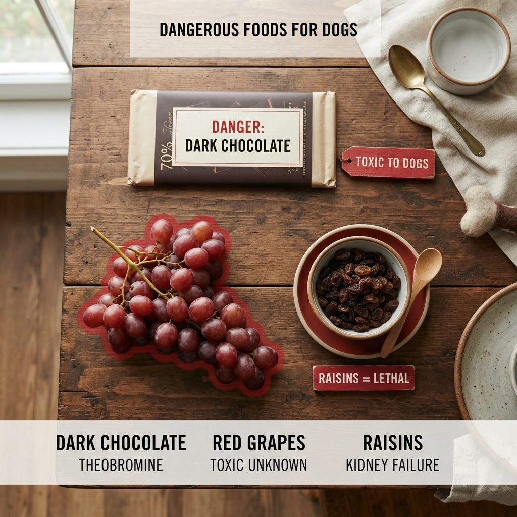 Dark chocolate, grapes and raisins laid out on a table — the most dangerous common foods for dogs