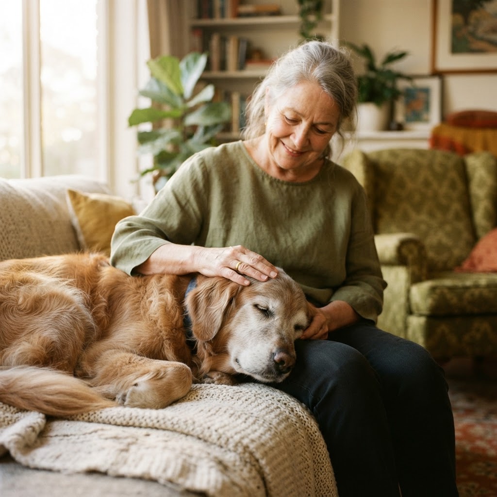 An older happy dog resting beside its owner at home in warm afternoon light