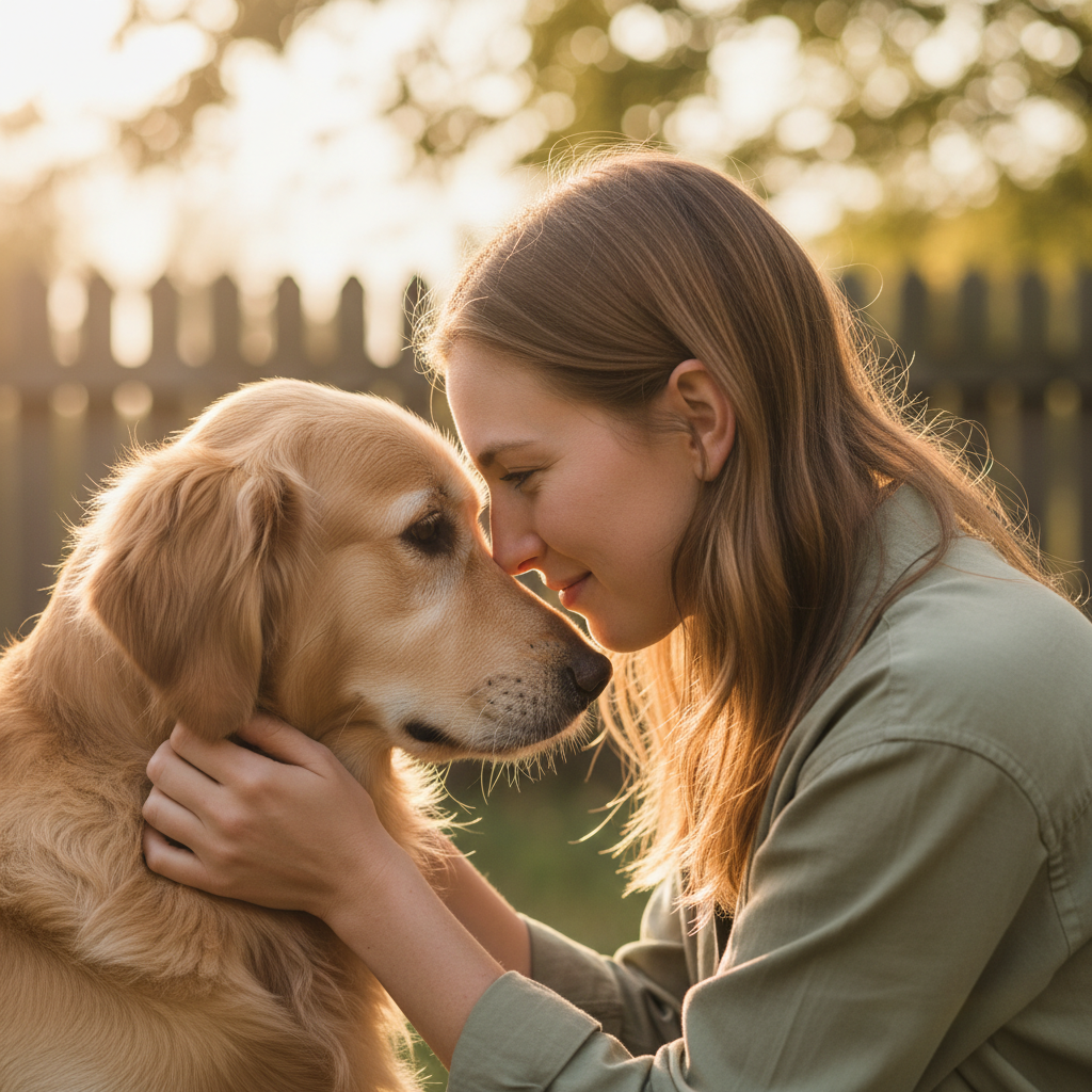 A dog and its owner gently touching foreheads in warm golden light
