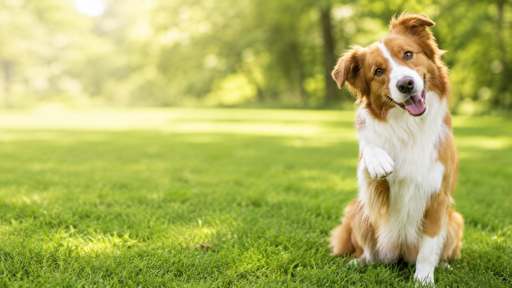 A happy dog with a raised paw, tilting its head