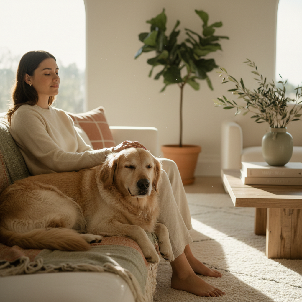 A calm dog resting peacefully at home with its owner