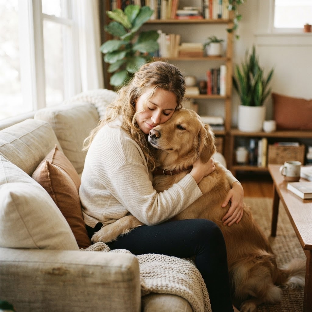 A woman gently hugging her golden retriever at home in warm morning light