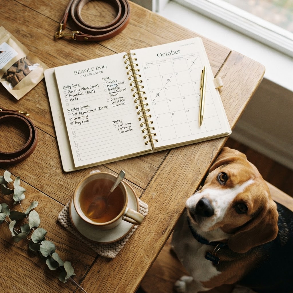 An open dog care planner on a warm wooden table with a sweet beagle resting nearby