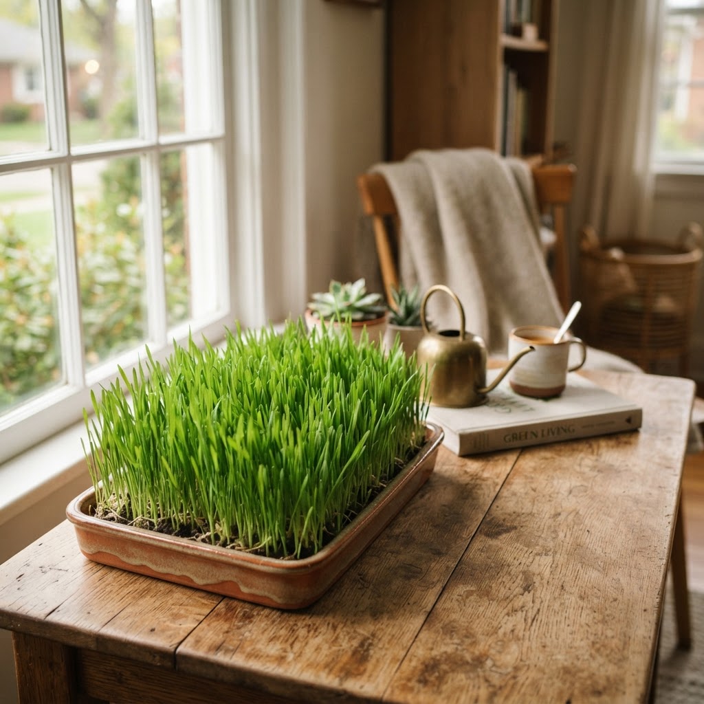 A tray of fresh pesticide-free wheatgrass growing indoors by a window