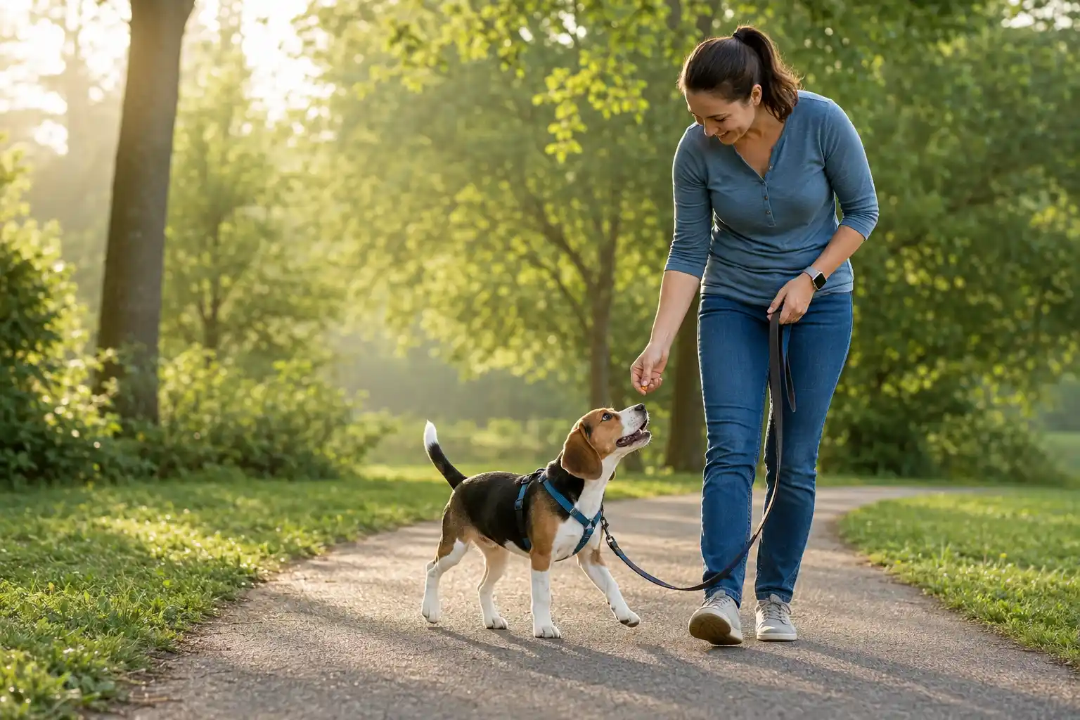 Woman rewarding a beagle for attentive loose-leash walking on a sunny park path