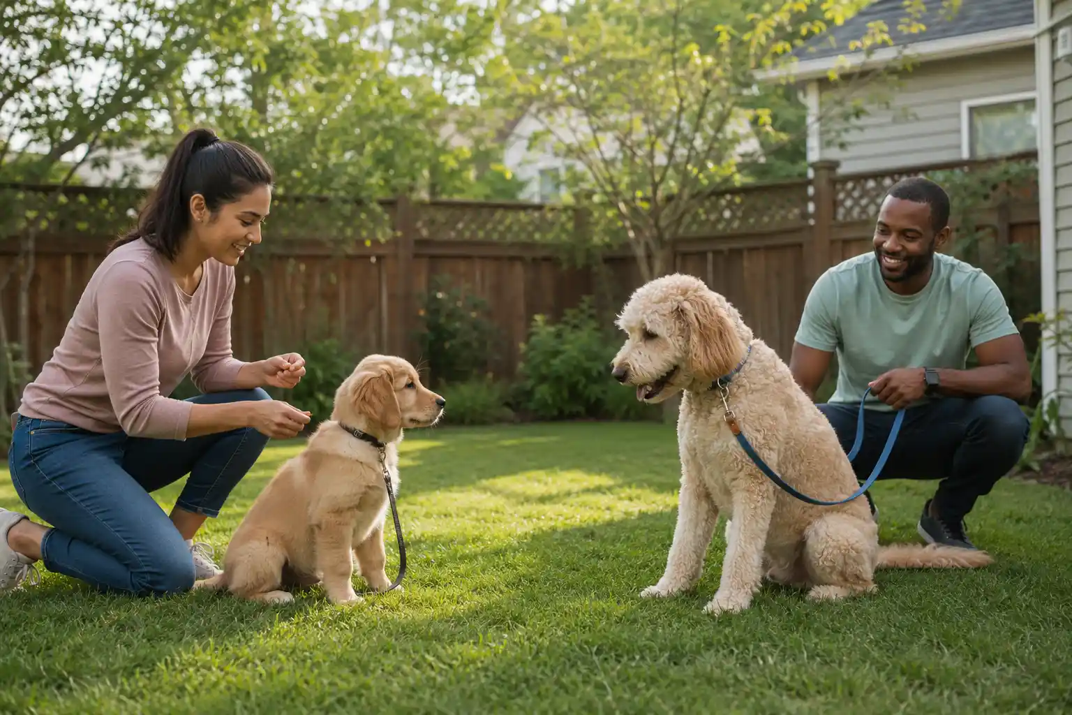 Two puppy owners calmly socializing a golden retriever puppy with a friendly adult dog in a secure garden