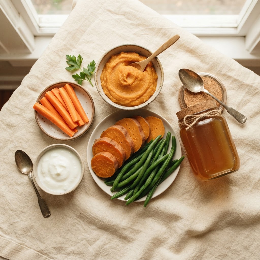 Dog-safe gut-health whole foods: pumpkin, sweet potato, carrots, green beans, kefir and bone broth