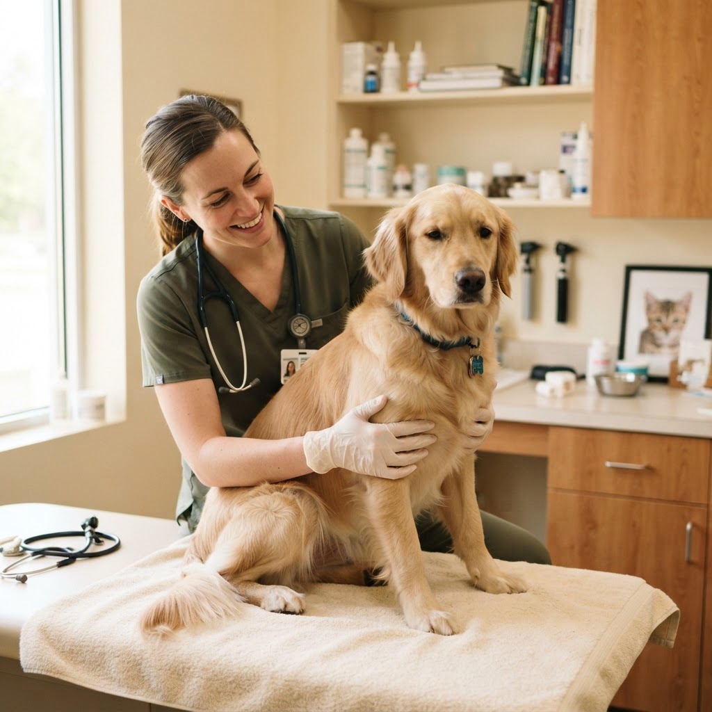 A veterinarian gently examining a calm dog during a routine wellness checkup