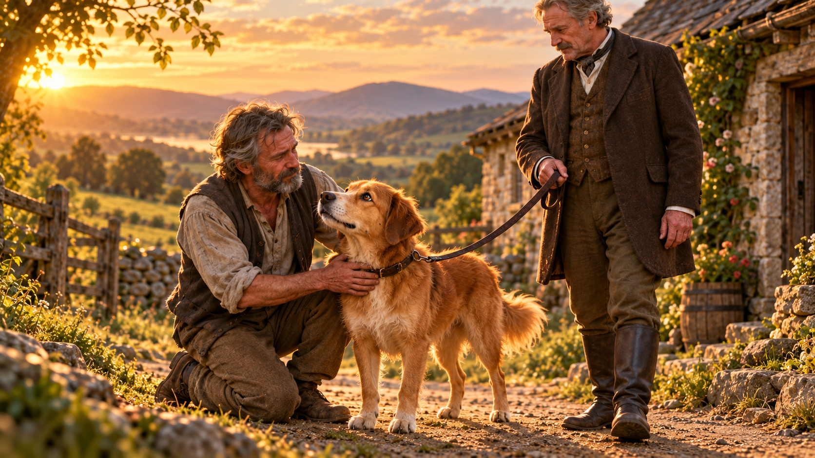 A farmer kneels to say goodbye to his golden dog as the wealthy lender holds the lead outside a stone farmhouse