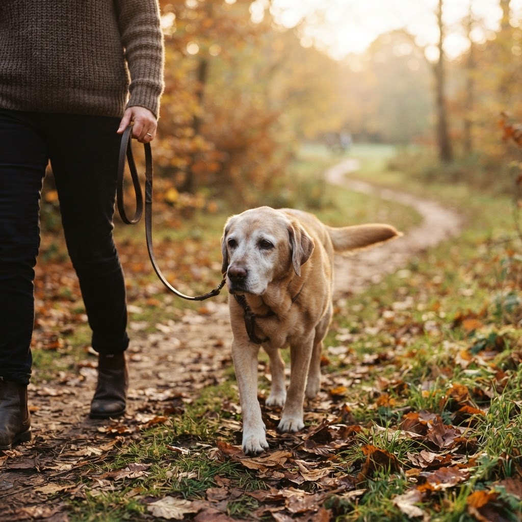 A senior labrador walking slowly beside its owner on a park path at golden hour