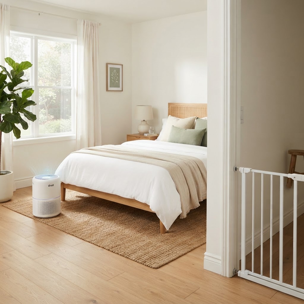 A clean, airy dog-free bedroom with a HEPA air purifier and a baby gate at the door