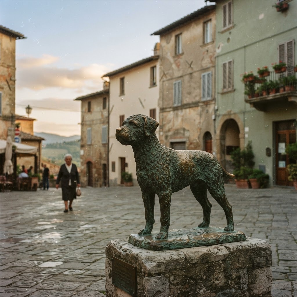 A bronze statue of Fido with raised ears gazing into the distance in a quiet Tuscan square