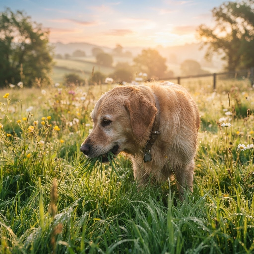 A happy healthy dog eating fresh green grass in a sunlit meadow at dawn
