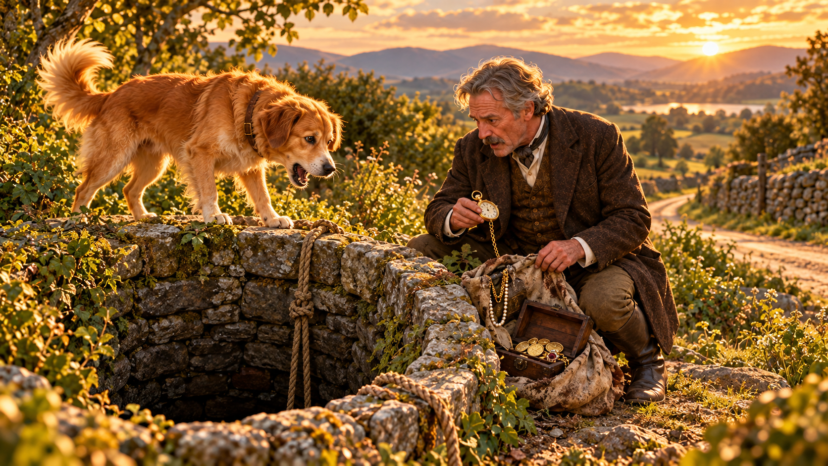 A golden dog barks beside an old stone well while the wealthy man examines recovered valuables