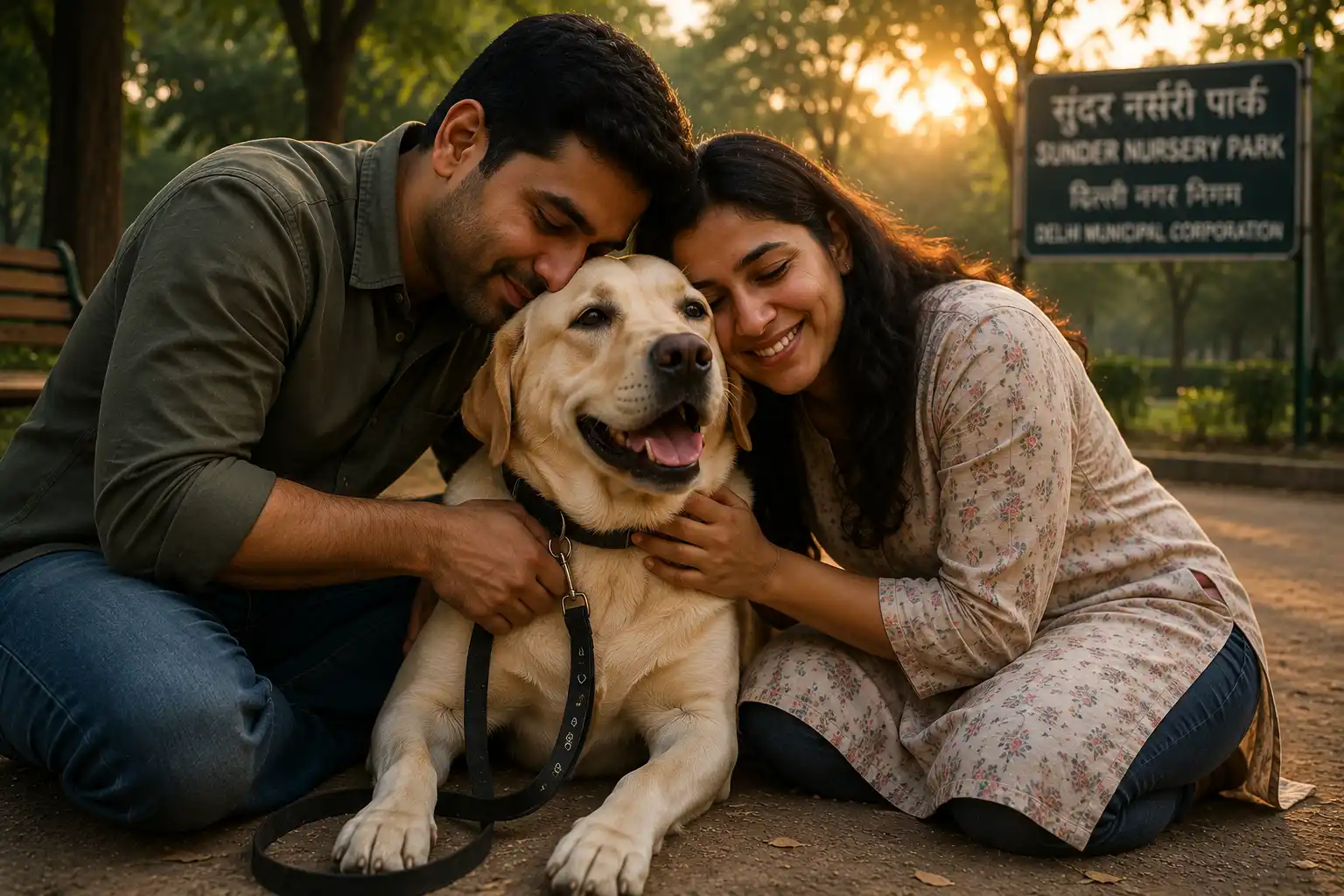 A Labrador resting safely between two family members in a peaceful park setting