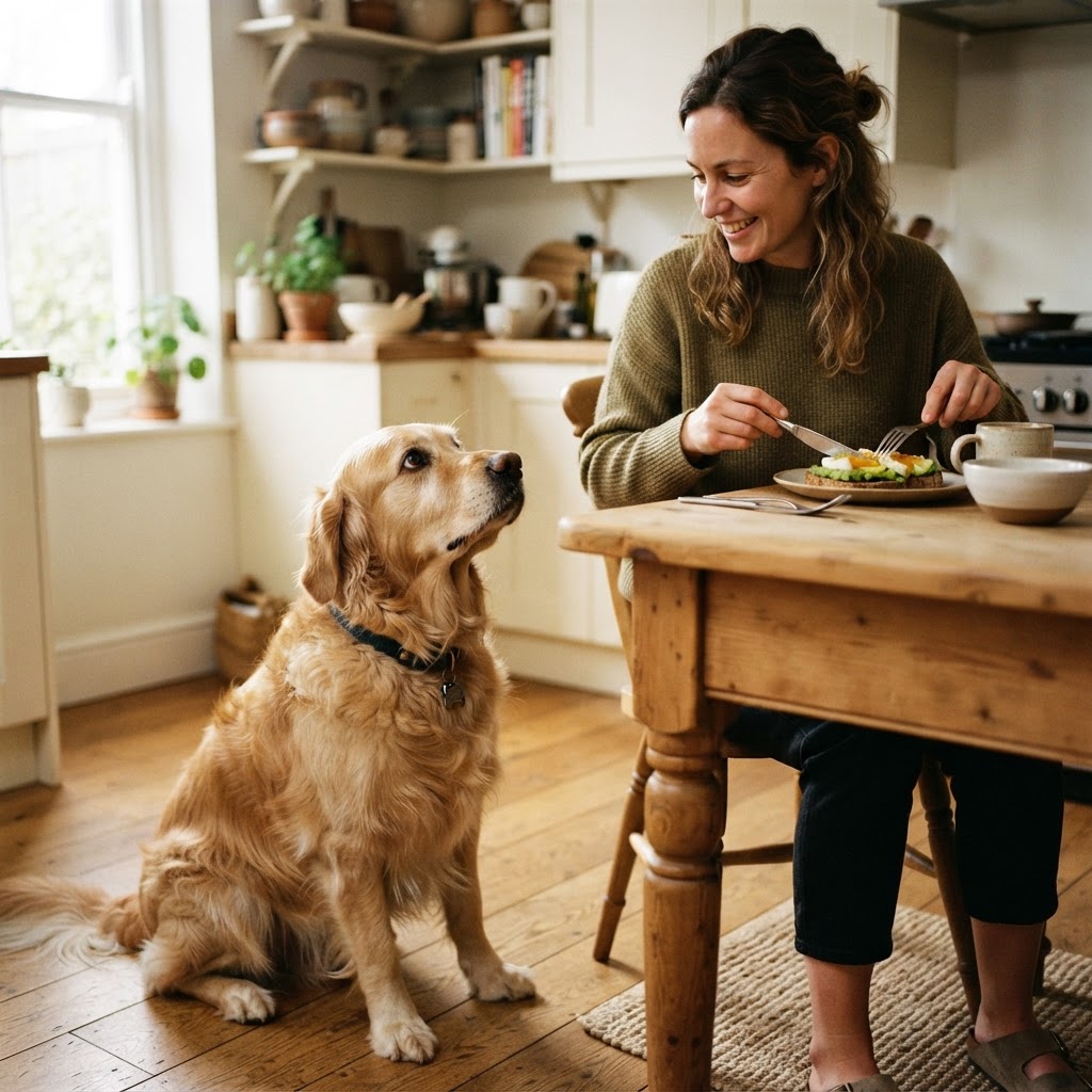 A golden retriever looking up with pleading eyes at its owner eating at the kitchen table