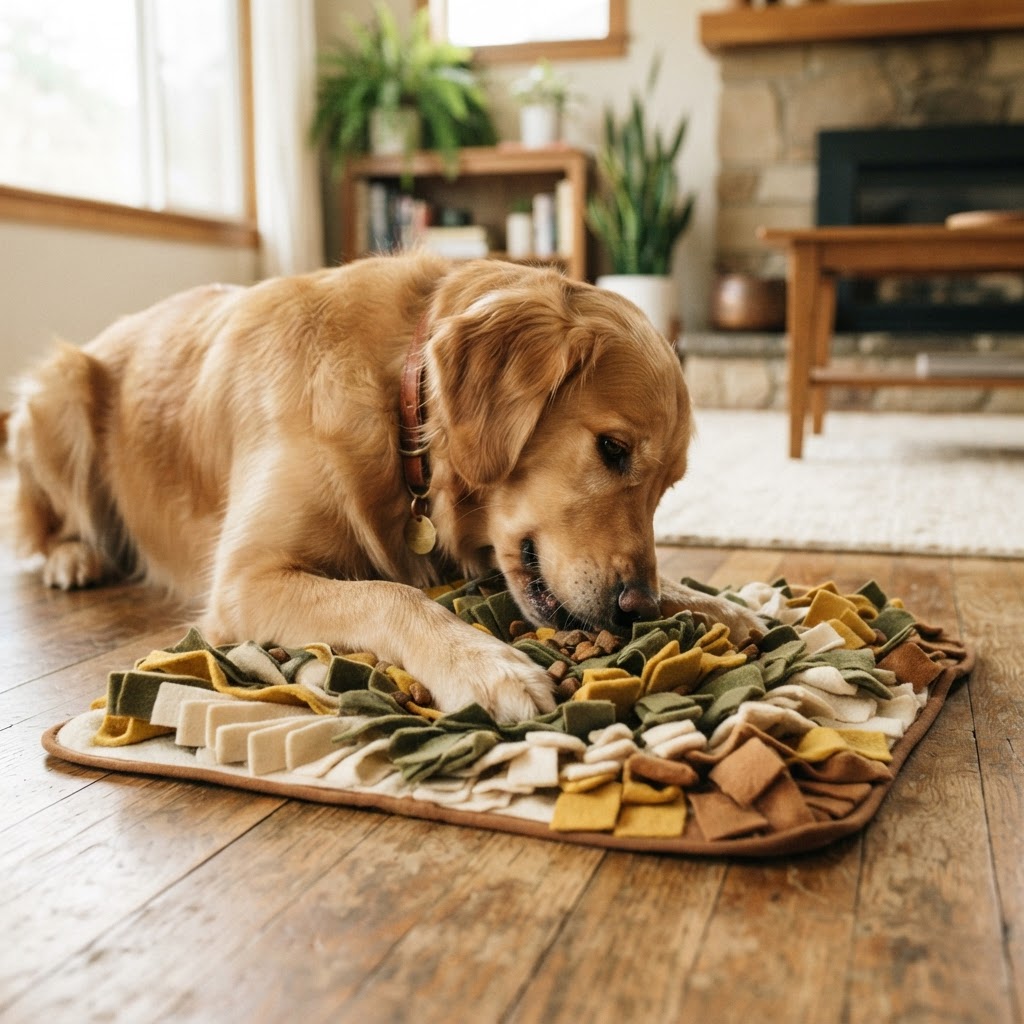 A happy dog working on a puzzle feeder enrichment toy at home