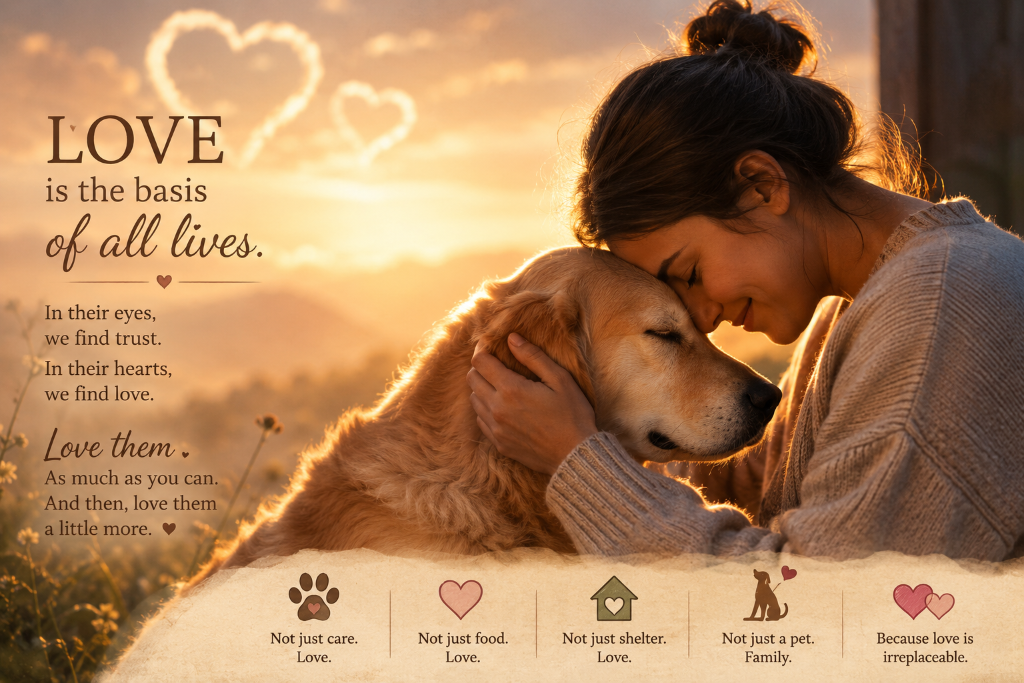 A woman resting her forehead against her golden dog at sunset, with heart-shaped clouds above — love is the basis of all lives